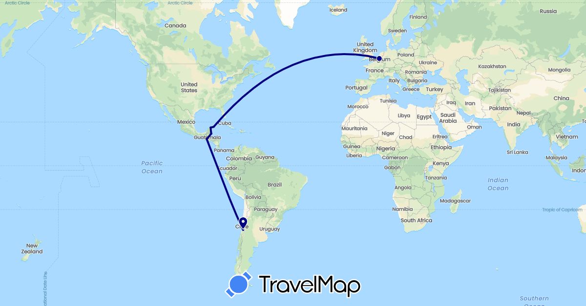 TravelMap itinerary: driving in Belgium, Belize, Chile, Guatemala, Mexico (Europe, North America, South America)